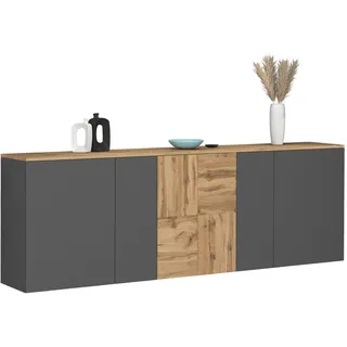 Sideboard OTTO HOME "ISEO, Kommode, Schrank, Sideboard, Lowboard, 6 Fächer, Breite 200 cm", anthrazit, eiche wotan, B:200cm H:70cm T:35cm, Sideboards, Sideboard, stehend/hängend, 5 Türen, 6 Fächer, Breite 200 cm
