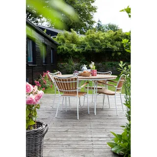 Gardenson Gartentisch , Weiß, Teakfarben , Holz , Teakholz , vollmassiv , rund , Rundrohr , 110x74x110 cm , rostfrei, wetterbeständig , Holzmöbel, Holztische, Gartentische Holz