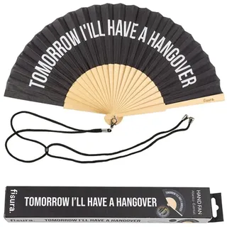 FISURA – Origineller Handfächer mit der Botschaft I will have a hangover. Moderner und witziger Holzfächer. Schwarzer Fächer. Fächer mit Fächerhalter. Maße: 42,5 x 23 cm.