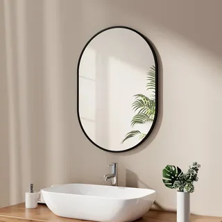 EMKE Badspiegel Oval 50 x 70 cm Spiegel mit Schwarzer Rahmen Wandspiegel Oval Horizontal/Vertikal Badezimmerspiegel Ovaler Spiegel Schwarz Dekorativer HD Wandspiegel für Badezimmer, Flur