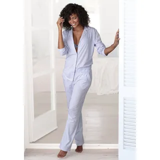 Pyjama VIVANCE DREAMS, Damen, Gr. 40/42, blau (blau, weiß), Single Jersey, Obermaterial: 100% Baumwolle, gestreift, klassisch lang, V-Ausschnitt, eingesetzt, Homewear-Sets Pyjama, mit feinem Karo-Muster, Topseller