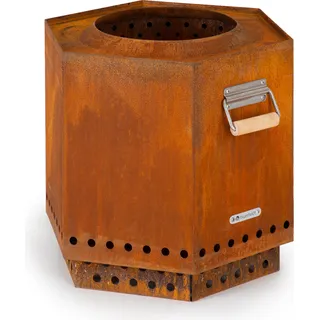 Blumfeldt Feuerstelle, Mobile Feuerschale mit Regenabdeckung und Holzgriffen, Outdoor Feuertisch, Holzkamin Tischfeuer mit 360° Feuerblick, Feuerschale für den Garten & Terrasse