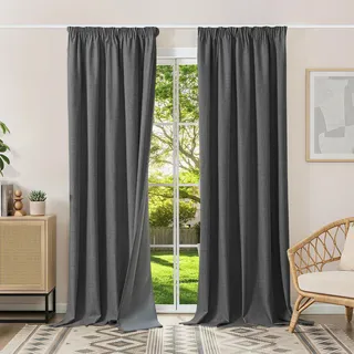 Runyéla 100% Verdunklungsvorhänge Thermovorhänge Kälteschutz Gardinen mit Kräuselband 245 x 140 cm (HxB) 2er Set Leinenoptik Vorhänge Blickdicht Grau, Schiebegardinen Wohnzimmer Curtain