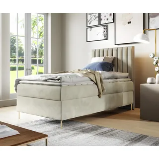 GUTTO Boxspringbett JILL 90 x 200cm mit Bettkasten TOPPER 5cm Gratis Beige Velour hohe goldene Beine - Beige
