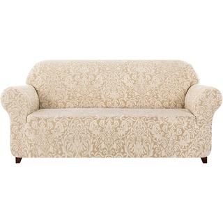 subrtex Damast Sofabezug Stretch Sofahusse Couchbezug Sesselbezug Elastischer Blumenmuster rutschfest Stretchhusse Weich Stoff (2 Sitzer, Beige Muster-1)