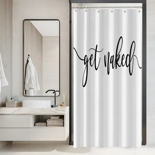 Hnmdmyi Duschvorhang Weiß 90x180, Schwarz Art Font Words Get Naked Duschvorhänge Funny Quotes Schöne und Coole Badewanne Vorhang Wasserdicht Polyester Stoff Waschbar Badevorhang mit Haken