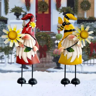 HONGLAND Gartenzwerg aus Metall, Metall-Zwerg, Outdoor-Dekorationen, Bienen- und Marienkäfer-Gartenstatue, Weihnachten, Urlaub, Rasen, Terrasse, Hof, Gartendekoration, 2 Stück