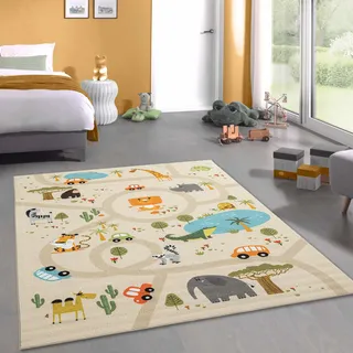 CARPETIA Kinderteppich Safari Tiere Straßen Beige 200x290 cm | Rutschfest, pflegeleicht, strapazierfähig, schadstofffrei und saugrobotergeeignet, OEKO-TEX geprüft, für Fußbodenheizung
