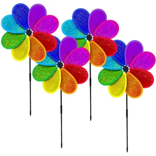 4 Stück Windrad Garten,Windmühle,Windspiel Windräder Windspiele,für Balkon Bunt Kinder,Blume Metall Solar aus Draußen,Magische Wetterfest Windmühlen Achteckige,Windrad-Vogelabwehrset