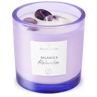 JuwelKerze Edelstein Kerze Balance & Relaxation - 60 Std - Kerze mit Amethyst Stein - große Duftkerze mit Würzigem und Orientalischem Duft - Geschenke für Frauen, Geburtstag