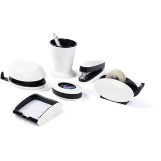 Pavo Trendy Schreibtisch-Set, 6-teilig - Hochglanz mit Stifteköcher, Klammernspender, Locher, Heftgerät, Zettelbox und Tischabrolle, weiß