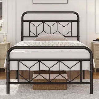 Yaheetech Metallbett Vintage Bettrahmen mit Hohem Kopfteil, Bettgestell Moderner Minimalistischer Einzelbett mit Lattenrost & Stauraum unter dem Bett für Schlafzimmer Gästezimmer, 90 x 200 cm Schwarz - Schwarz