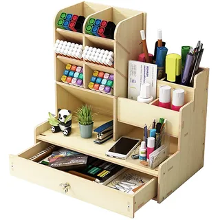 Hggzeg Schreibtisch-Organizer aus Holz, Selbstmontage, Schublade, für Schreibwaren, Aufbewahrungsbox, Stifthalter für Zuhause, Büro und Schule, B17, weißer Ahorn
