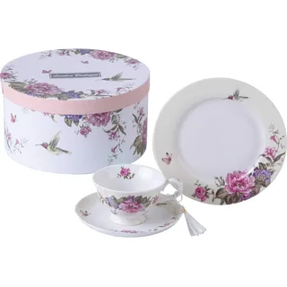 Kaffeetasse und Untertasse, 19,1 cm, Dessertteller, Shabby Chic, Vintage, Porzellan, Vogel, Schmetterling, Blumen, Geschenkbox (creme/beige)
