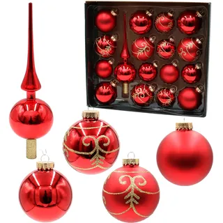 Dekohelden24 Lauschaer Christbaumschmuck-16er Set Kugeln inkl. 1 Baumspitze aus Glas, für Weihnachten, handdekoriert, Rot matt und glänzend, 6,7, goldenem Krönchen, 8 cm, 17