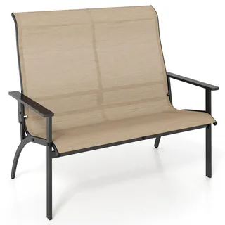 COSTWAY 2-Sitzer Gartenbank, wetterfeste Balkontank mit hoher Rückenlehne & Armlehnen, Sitzbank bis 400 kg belastbar, Terrassenbank 120x81x106cm - Braun