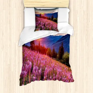 ABAKUHAUS Land Bettbezug Set für Einzelbetten, Frühlings-Berge mit Blumen, Milbensicher Allergiker geeignet mit Kissenbezug, Rosa Blau - Rosa, Blau