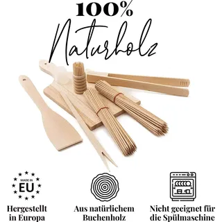 tuuli Grillbesteck Set Holz Buche Hochwertig (Schneidebrett, Pfannenwender, Grillzange, Grillgabel für Cevapcici, Zahnstocher, Grillspieße)