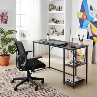 FurnitureR Moderner Zeichentisch, 120 cm, Holz und Metall, 2 Ebenen zur Aufbewahrung, höhenverstellbar, Patchwork-Design, Retro, Braun und Schwarz, ideal für Werkstatt, Kreation oder Büro zu Hause