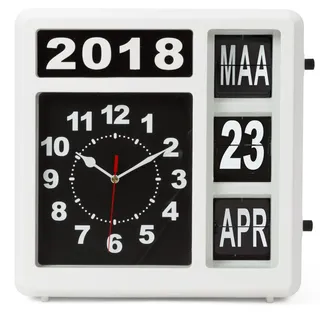 Perel Quadratische Uhr mit Flip-Over-Kalender, ideal für Sehbehinderte und Personen mit Alzheimer oder Demenz, analog, 31 x 31 cm, weiß/schwarz, niederländische Version