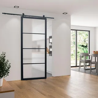inova Loft-Glasschiebetür 900 x 2150 mm, Satiniertes Glas, Stahlrahmen Schwarz, Komplettset mit offener Laufschiene, Softclose beidseitig - Schwarz