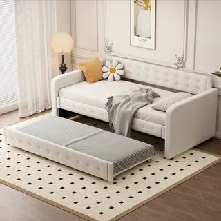 Merax Tagesbett 90x200cm mit Ausziehbett, Erweiterbares Schlafsofa mit Lattenrost und Armlehnen, Leinen Polsterbett Kinderbett Sofabett, Hellbeige - Beige