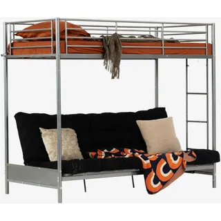 MEUBLE COSY Hochbett 140x190cm Kinderbett mit Futon Matratze Bettrahmen Etagenbett mit Lattenroste und Klappbares Schlafsofa aus Metall, Industriell, für Erwachsene und Kinder, Grau