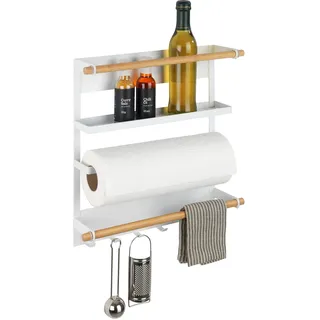 Wenko Küchenregal Magna, magnetisches Regal mit Küchenrollenhalter und Haken, aus Metall und Bambus, 33 x 34 x 8 cm, Weiß