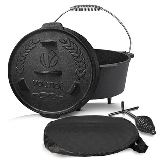 VOUNOT Dutch Oven Set 9 Liter, Eingebrannter Feuertopf aus Gusseisen für Garten Lagerfeuer Camping, mit Füßen, Deckel, Deckelheber und Tragetasche