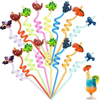 16 Stück Cartoon Kinder Strohhalme,BetterJonny Wiederverwendbare Strohhalme Lockige Plastik Trinkhalme Dinosaurier Kinder Trinkhalme für Geburtstag Weihnachten Party Zubehör