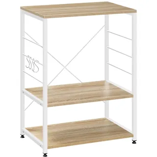 WOLTU Küchenregal Standregal Mikrowellenhalter Bäcker Regal Metallregal aus Holz und Stahl, mit 3 Ablagen, ca. 60 x 40 x 82 cm, Weiß + Hell Eiche - Weiß