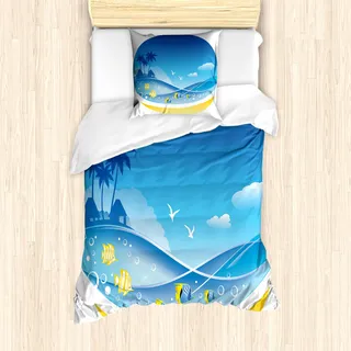 ABAKUHAUS Exotisch Bettbezug Set für Einzelbetten, Wendekarikatur-Meer, Milbensicher Allergiker geeignet mit Kissenbezug, Blau Gelb - Blau
