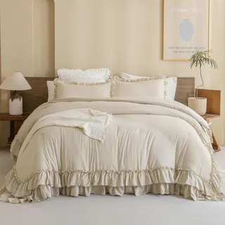 Masaca King-Size-Bettwäsche-Set, Shabby-Boho-Chic, gerüscht, King-Size-Bett, Vintage-Stil, rustikal, französisches Landhaus-Bettwäsche-Set, 3-teilig (1 Rüschendecke und 2 Kissenbezüge)
