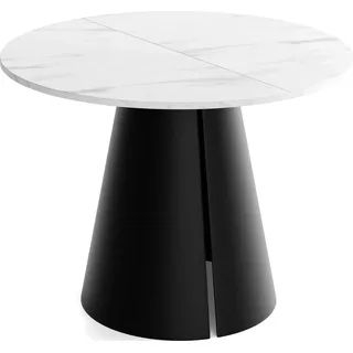 Esstisch Rund Ausziehbar im Loft-Stil – 120 bis 200 cm – Industrieller Platzsparender Tisch mit Schwarzen Konischem Metallbeinen für 6 bis 10 Personen, Esszimmer – Marmor Weiß - Weiß