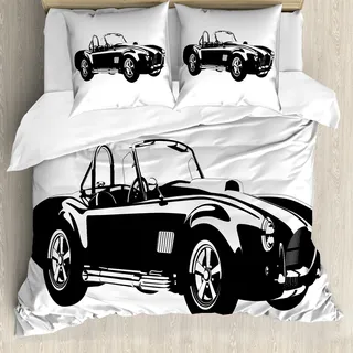 ABAKUHAUS Autos Bettbezug, Sports Car Roadster Motor, Milbensicher Allergiker geeignet mit Kissenbezügen, 200 cm x 200 cm - 80 x 80 cm, Schwarz-Weiss