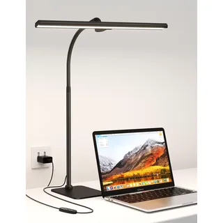 Schreibtischlampe Led Dimmbar mit fuß, 12W Tischlampe für Büro und Lesen | Flexibler Schwanenhals (36-62cm) für große Monitore, Augenschonendes Licht mit 60-Min-Timer, Inklusive USB-Netzteil