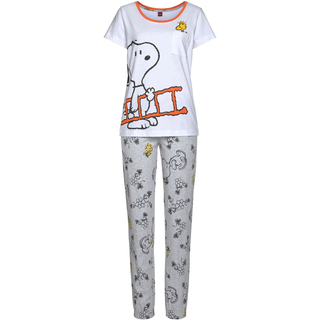 Pyjama PEANUTS, Damen, Gr. 32/34, grau (weiß, grau), Single Jersey, Obermaterial: 100% Baumwolle, bedruckt, Basic, bequem lang, Rundhals, eingesetzt, Homewear-Sets Pyjama, mit Snoopy und Woodstock Druck, Topseller