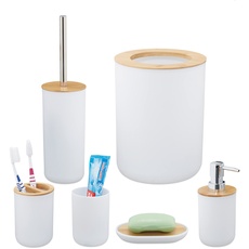 Bild Badezimmer Set, 6-teilig, Badaccessoires Kunststoff, Bambus, komplette Badezimmerausstattung, Badset, weiß