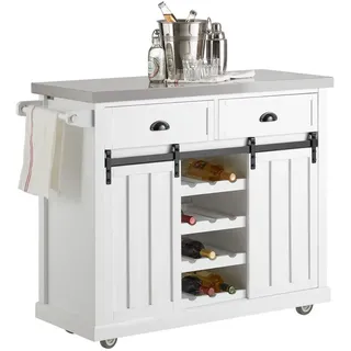 SoBuy Küchenwagen mit Flaschenablage Küchenschrank mit 2 Schiebetüren und 2 Schubladen Kücheninsel mit Edelstahlplatte Sideboard Weiß bht ca.: 116x95x46cm FKW94-W