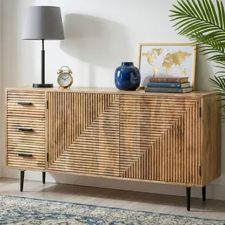 FineBuy Sideboard Mango Massivholz 160cm Kommode 2 Türen und 3 Schubladen Flurschrank Wohnzimmerschrank Metallbeine Anrichte Standschrank Handmade - Braun