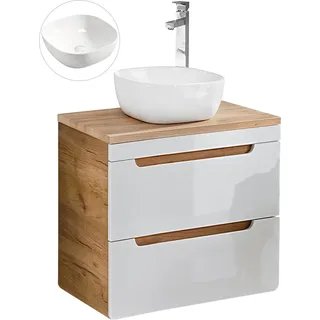Waschtischset 60 cm mit 42 cm Keramik-Aufsatzbecken LUTON-56 in Hochglanz weiß mit Wotan Eiche Nb., B/H/T ca. 61/76,5/46 cm - Weiß
