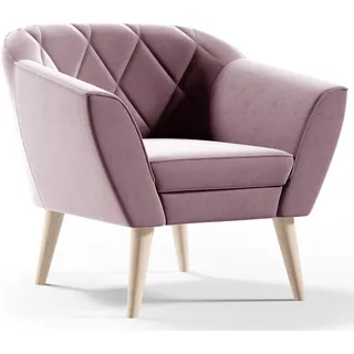 GUTTO Sessel aus Velour Samt rosa KARO Relaxsessel Fernsehsessel im Skandinavischen Stil Polstersessel auf hohen Holzbeinen hohe Füẞe moderne Steppung - Rosa