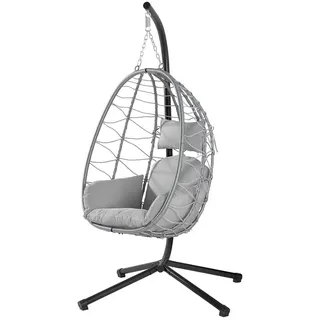 BAKAJI Hängesessel für den Garten, Schaukelstuhl, Hängematte für den Außenbereich, Gestell aus Metall, Nest aus Rattan und Seil + gepolstertes Sitzkissen und Kopfstütze, 98 x 0 x 95 cm (Grau)