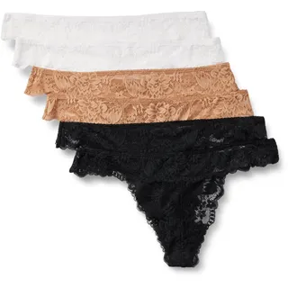 Amazon Essentials Damen Tanga aus Elastischer Galonspitze, 6er-Pack, Gewaschene Bronze/Schwarz/Weiß, 38