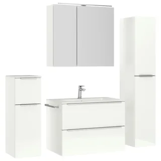 Nobilia Badezimmer , Edelstahlfarben, Weiß Hochglanz , Metall , 5-teilig , 5 Fächer , 3,2 Schubladen , G , 141 cm , Goldenes M, Made in Germany , Griffeauswahl, hängend, Zusatzausstattung erhältlich, Typenvielfalt , Badezimmer, Badmöbelsets & Badmöbelserien, Badmöbel-Sets