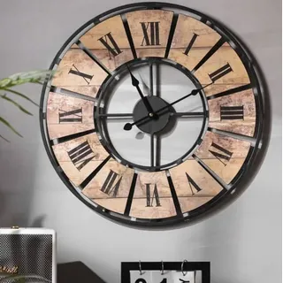 K&L Wall Art 50cm große Vintage Wanduhr Wohnzimmer Metalluhr leise XXL Wanduhren aus Metall römische Ziffern auf Holzoptik