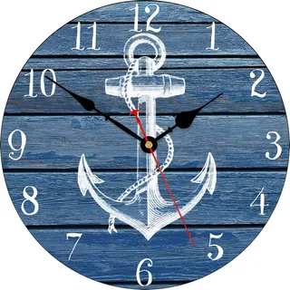 TAHEAT 20 cm Blau Weiß Anker Wanduhr, Nautisch Maritim Ohne Tickgeräusche Uhren, Holz Vintage Kleine Wanddekoration für Küche/Wohnzimmer/Schlafzimmer/Büro