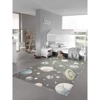 Teppich-Traum Kinderteppich Weltraum Lernteppich mit Sternen und Planeten in Pastell grau Größe 200 x 290 cm