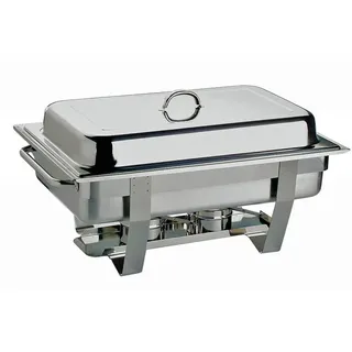 APS Chafing Dish „Chef“ – mit einem Speisenbehälter aus Edelstahl 65 mm tief, Zwei Brennpastenbehälter, einem Wasserbecken, Deckel, Gestell und Langen Hohlgriffen