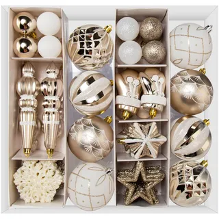 SVNVIOZ 70 Stück Weihnachtskugeln Set Champagner Weiß, Christbaumkugeln Kunststoff Deko Weihnachten, Weihnachtsbaumschmuck mit Aufhänger, Weihnachtsbaumkugeln für Weihnachtsdeko Innen Aussen
